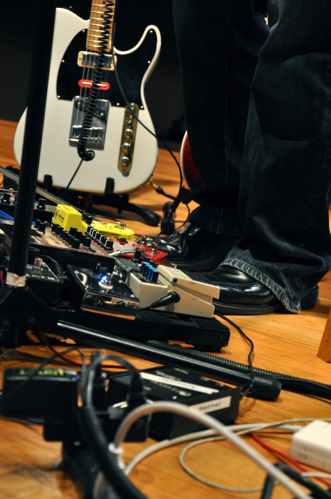 guitar pedals and mixing board